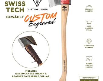 Custom Laser Engraved Axe Personalized Swiss Tech 28" Felling Axe, High Carbon Steel & Hickory Handle –Groomsmen, Father's Day, Outdoor Gift