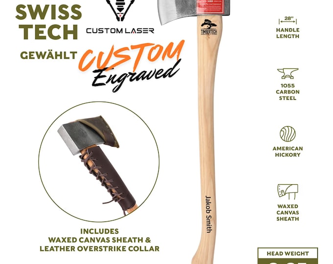 Custom Laser Engraved Axe Personalized Swiss Tech 28" Felling Axe, High Carbon Steel & Hickory Handle –Groomsmen, Father's Day, Outdoor Gift