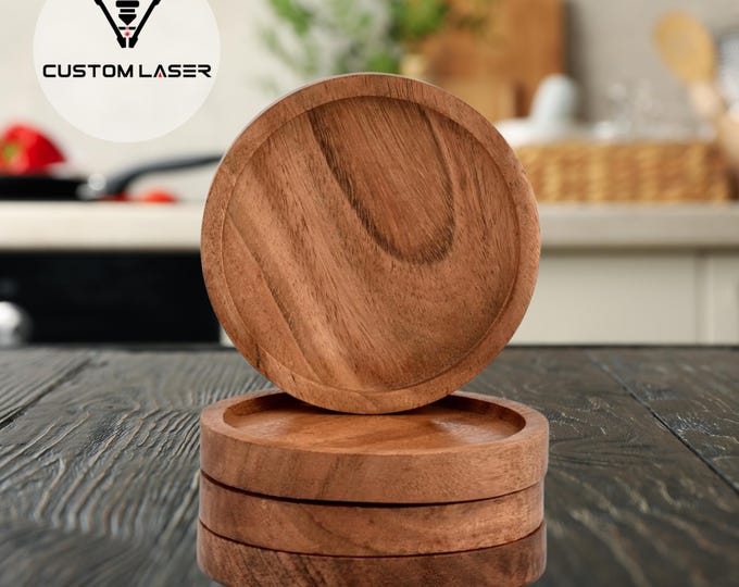 4" Round Acacia Coasters - Set of 4 - Custom Laser-Engraved