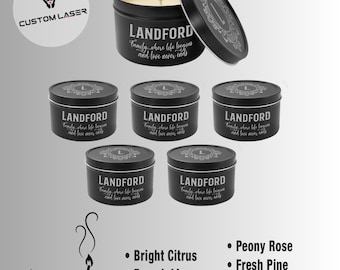 Personalized Scented Candle: 8 oz Black Metal Tin, Custom Engraved Gift