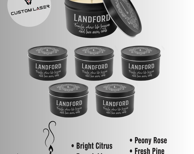 Personalized Scented Candle: 8 oz Black Metal Tin, Custom Engraved Gift