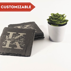 Custom Engraved Slate Coasters (Set of 4), Party Favors, Wedding Gifts, Personalized Monogram Design