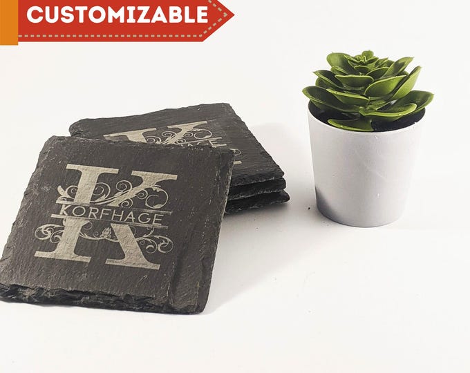 Custom Engraved Slate Coasters (Set of 4), Party Favors, Wedding Gifts, Personalized Monogram Design