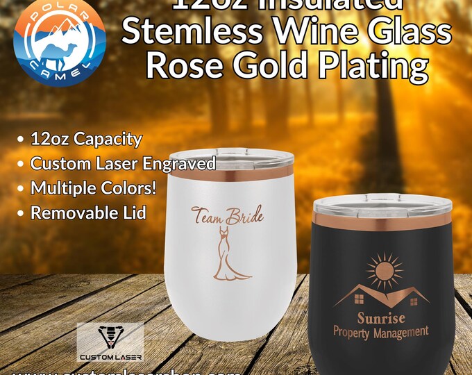 12oz Rose Gold Engraved Stemless Wine Glass Tumblers. Custom Laser Engraved