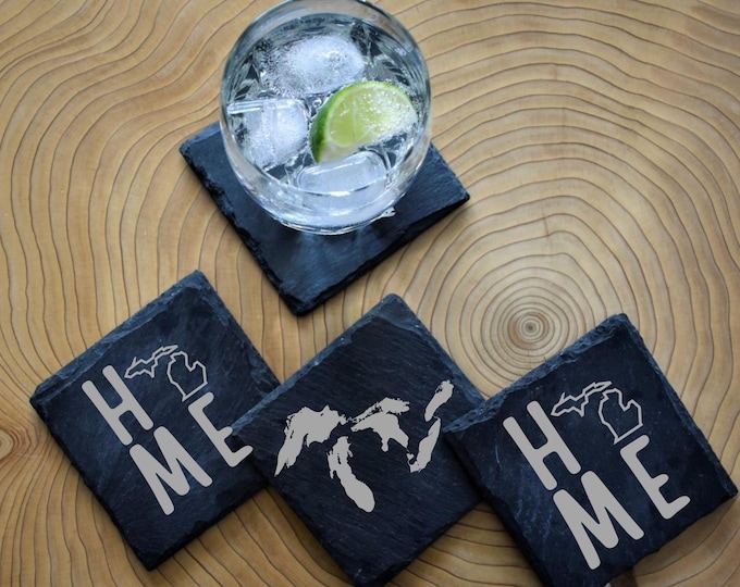 Michigan "Home" Slate Coasters - Set of 4 (Michigander, Native, Home, Pure, Michigan)