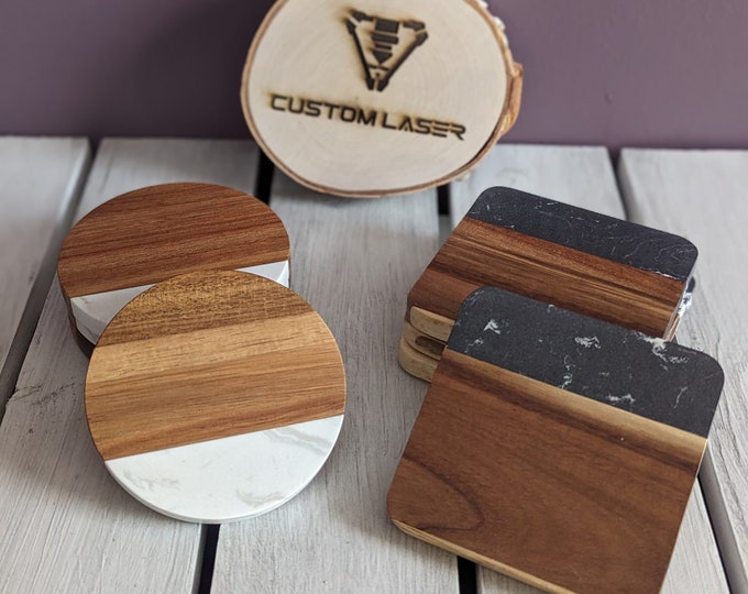 Engraved Wood and Stone Coaster Set: Custom Logo, Monogram