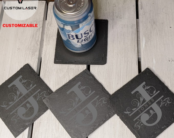 Custom Engraved Slate Coasters (Set of 4), Monogrammed and Personalized