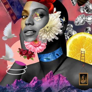 May include: A surreal collage featuring a woman's face with flowers and a red fish, a lemon with a ladder, a bee, diamonds, a mountain range, and a wave pattern.