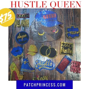 May include: A collection of rhinestone patches with the words "HUSTLE QUEEN" at the top. Patches include a woman's face wearing a blue cap, lips, a high heel, and the words "MELANIN" and "HUSTLE". The website address is at the bottom.