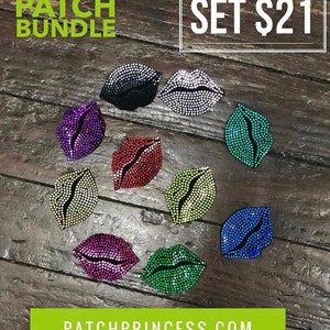May include: A set of ten rhinestone-covered lip patches in a variety of colours, including black, white, purple, red, green, yellow, and blue. The patches are displayed on a wooden surface. Text on the image reads "Kiss Patch Bundle" and "10 Lips Patch Set".