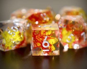 Yellow and Red Timeless Flower Sharp Edge Resin 7pc Dice Set
