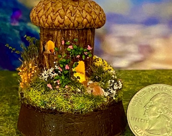 Lit Tiny Woodland Fairy House Cottagecore with removable Glass Globe - OOAK