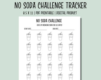 May include: A printable 8.5 x 11 inch No Soda Challenge tracker with a black and white design. The tracker features 30 soda cups to color in for 30 days. The text "No Soda Challenge" and "Give up drinking soda for 30 days!" is at the top of the page. There are spaces for the start and end dates.