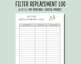 Filter Replacement Log Printable | Air, HVAC, Pool Replacement Filter | Home Maintenance Planner PDF |