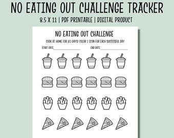 May include: Black and white printable "No Eating Out Challenge Tracker" with icons of drinks, burgers, fries, pizza, and hot dogs. Includes space for start and end dates. The text reads "No Eating Out Challenge".