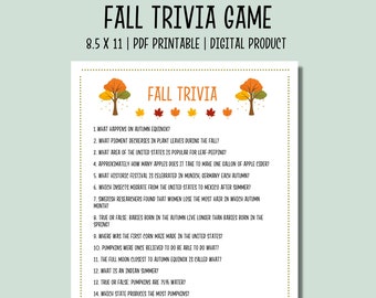 May include: A printable fall trivia game with 16 questions about autumn. The game is decorated with fall leaves and trees. The questions cover topics such as the autumn equinox, leaf-peeping, and the history of the word "autumn".
