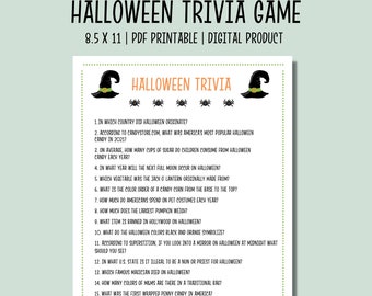 May include: A printable Halloween trivia game with 16 questions about Halloween traditions and facts. The game features a black and white witch hat with a green spider on top. The text "Halloween Trivia" is in black with five stars below it.