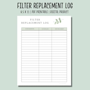 Filter Replacement Log Printable | Air, HVAC, Pool Replacement Filter | Home Maintenance Planner PDF |