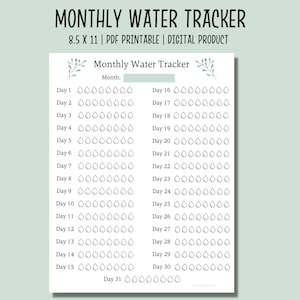 Monthly Water Tracker Printable | Water Intake Template | Downloadable Water Log | Water Diary