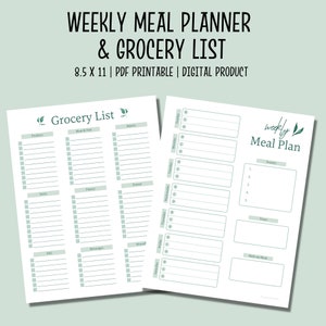 Weekly Meal Planner & Grocery List Printable PDF | Menu Planner | Meal Plan Template | Grocery List | Meal Prep
