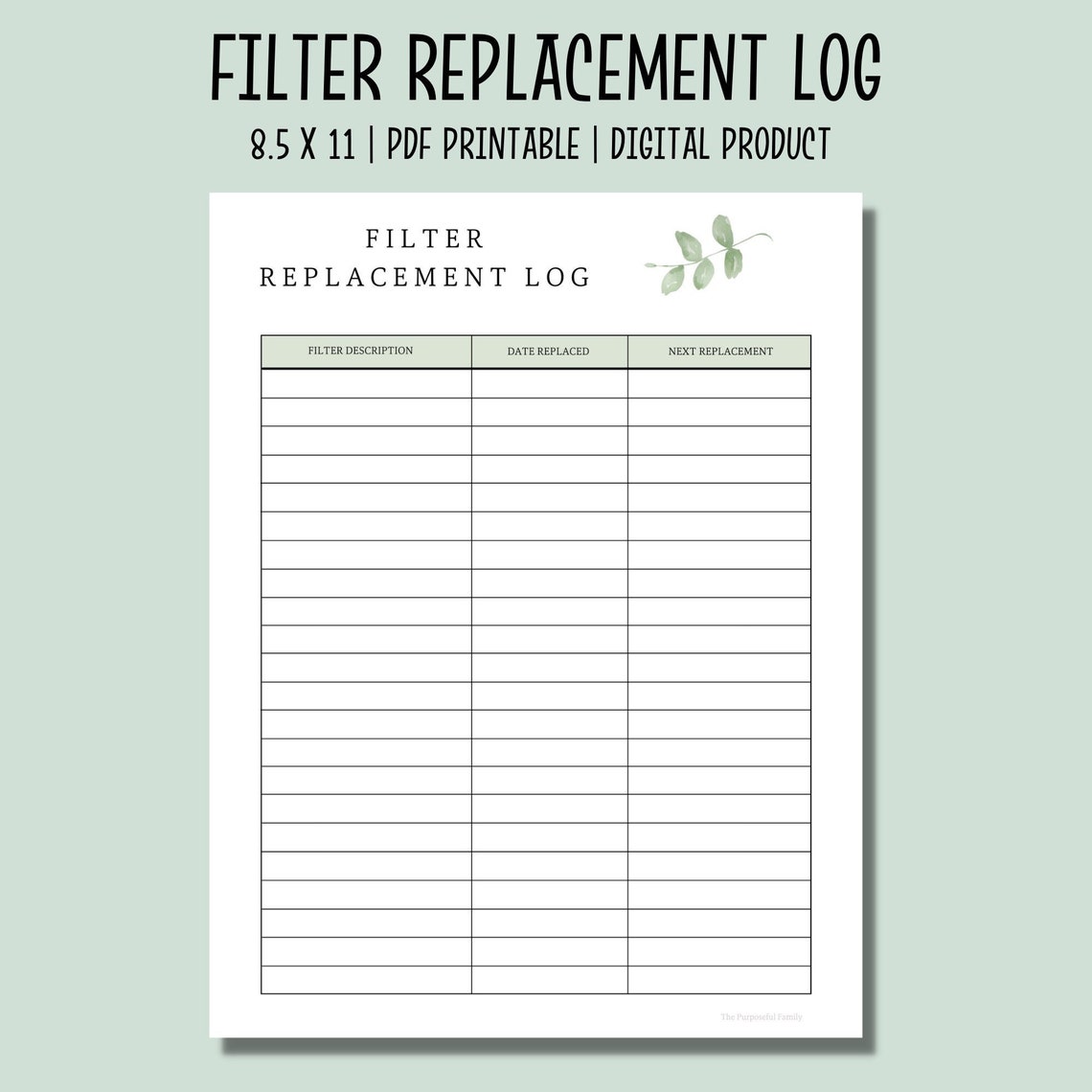 Filter Replacement Log Printable Air, HVAC, Pool Replacement Filter
