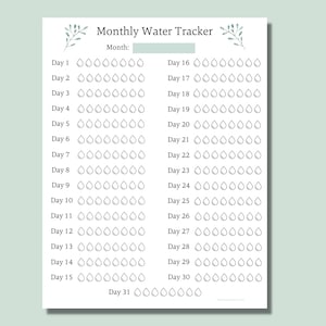 May include: A printable monthly water tracker with a light green background and a floral design. The tracker has 31 days with a grid of water drops for each day.