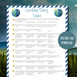 May include: A Creation Story Trivia game sheet with a blue and white striped border. The document features eleven multiple-choice questions about biblical creation, illustrated with two globe icons and a circular badge stating Instant PDF Download.
