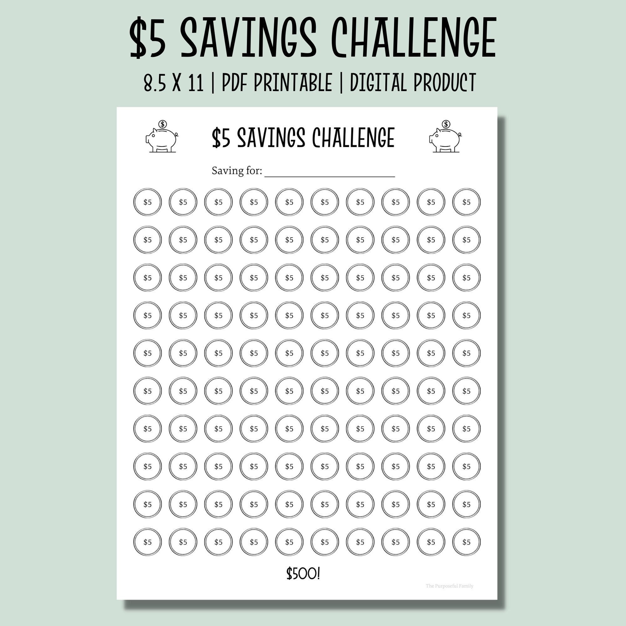 5 Dollar Bill Savings Challenge | 500 Savings Challenge Printable ...