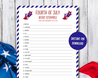 Word Scramble Fourth of July | Afdrukbare partygame op 4 juli | Woordactiviteit voor kinderen op 4 juli | Spel Onafhankelijkheidsdag | Patriottisch spel