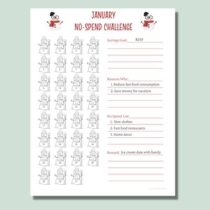 May include: A printable January no-spend challenge tracker with a snowman theme. The tracker features 31 snowmen, each with a number from 1 to 31. The tracker also includes sections for savings goals, reasons for the challenge, a no-spend list, and a reward.