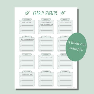 Yearly Events Planner | Annual Event Tracker Tracker | Birthday ...