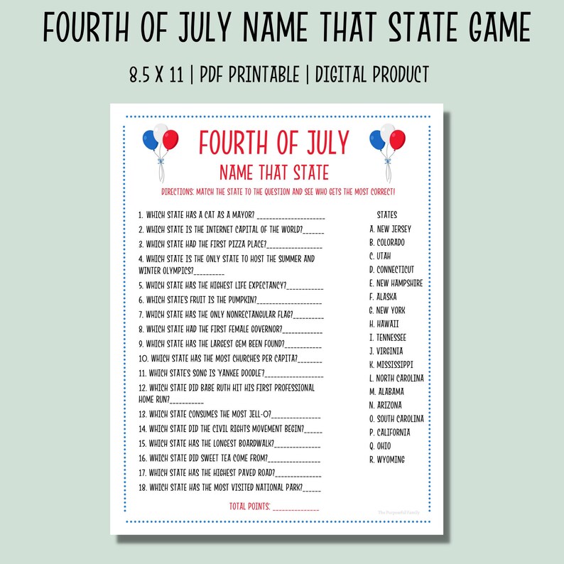 Fourth of July State Match-up Game 4th of July Printable Party Games ...