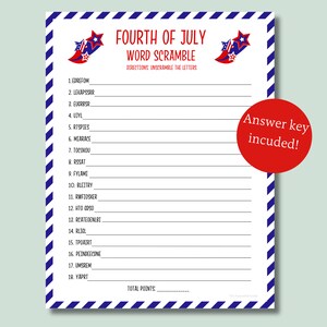 4th of july word unscramble