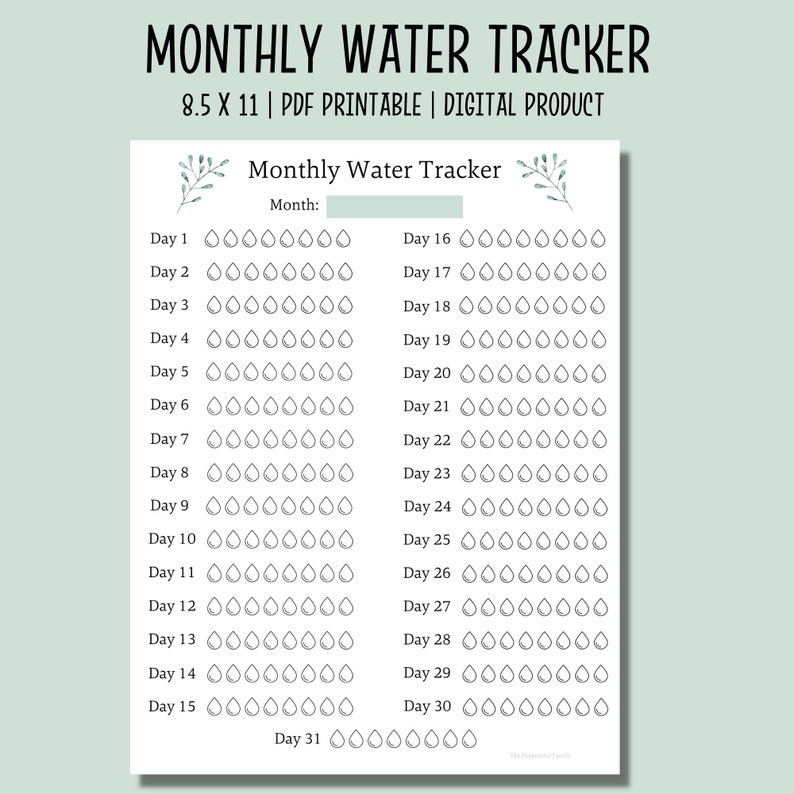 May include: Printable monthly water tracker with a simple design. The tracker has a space to write the month and has 31 days with 10 water drop icons per day to track water intake.