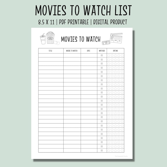 Movies to Watch Printable List | Movie Tracker Instant Download | Movie List | Movie Planner | Film Log