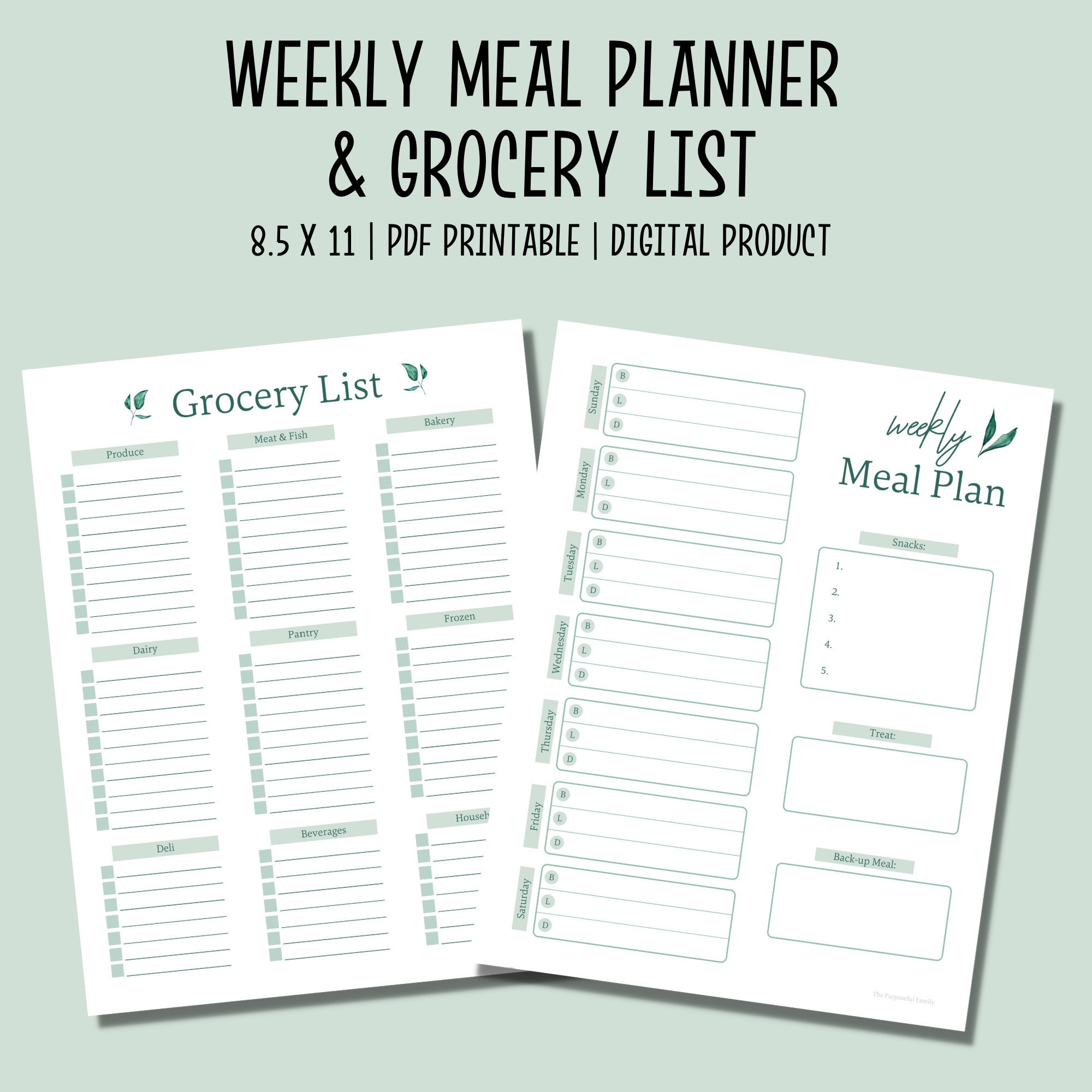 Weekly Meal Planner & Grocery List Printable PDF | Menu Planner | Meal ...