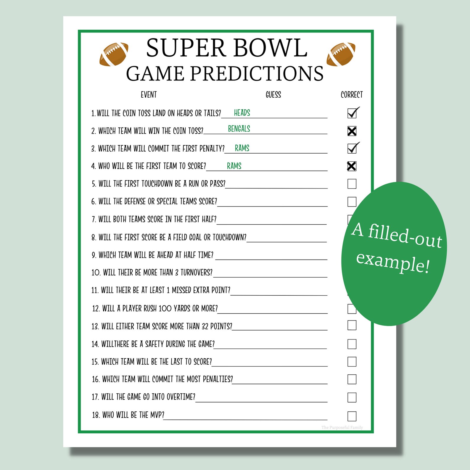 Super Bowl Predictions Game Printable Super Bowl Party Game Etsy