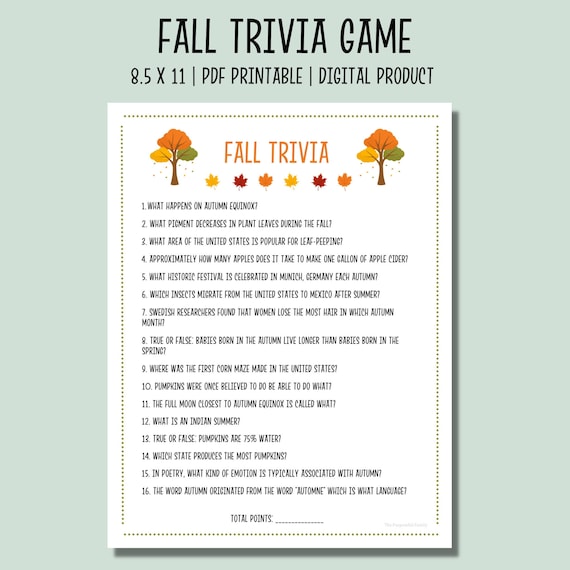 Fall Trivia Game |Fall Printable Party Games | Fun Autumn Games | Autumn Trivia Quiz | Fall Activity for Kids and Adults