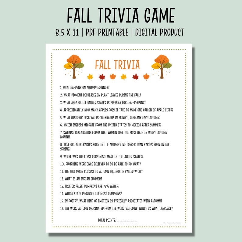 Fall Trivia Game fall Printable Party Games Fun Autumn Games Autumn Trivia Quiz Fall Activity