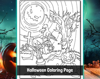Halloween Coloring Page, Zombie, Pumpkin, Skeleton, Haunted House, A Spooky Coloring Page For Halloween