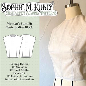 Op de afbeelding: Een crèmekleurige paspop met een lijfje van mousseline, met een naaipatroon. Het patroon bevat een lijntekening van een basislijfblok en de tekst "Women's Slim Fit Basic Bodice Block". Het patroon is verkrijgbaar in US maten 00-24.