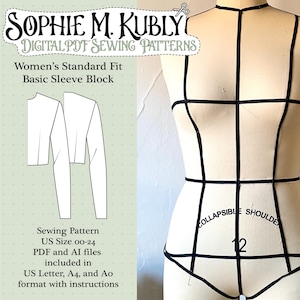 May include: A dress form with black lines and the text "COLLAPSIBLE SHOULDER 12". A white sleeve is attached to the form. The image also includes a diagram of a sleeve and the text "SOPHIE M. KUBLY DIGITAL PDF SEWING PATTERNS".