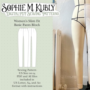 以下が含まれることがあります： Women's Slim Fit Basic Pants Blockの縫製パターン。パターンには、US Letter、A4、Ao形式のPDFファイルとAIファイルが含まれています。画像はパターンのイラストと、部分的に縫われたズボンを持つマネキンを示しています。