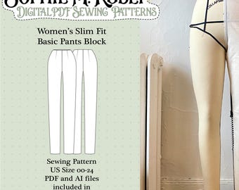 Basic Pants Pattern / Women's Slim Fit Basic Pants Sewing Pattern / Slacks / Digital Pattern Blocks and Slopers / Size 00-24