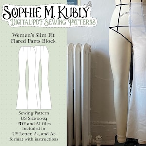 May include: A sewing pattern for women's slim fit flared pants. The pattern is available in US sizes 00-24 and includes PDF and AI files. The image shows a mannequin with a partially constructed flared pants pattern, highlighting the design and fit.