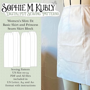 Puede incluir: Una falda blanca de corte ajustado sobre un maniquí, parte de un patrón de costura. El patrón incluye una falda básica y un bloque de falda con costura princesa. El patrón está disponible en tallas US 00-24, archivos PDF y AI, y formatos US Letter, A4 y Ao.