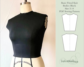 Basic Knit Bodice Pattern \ Women’s Fitted Knit Bodice Digital PDF Sewing Pattern Block / size 2-14