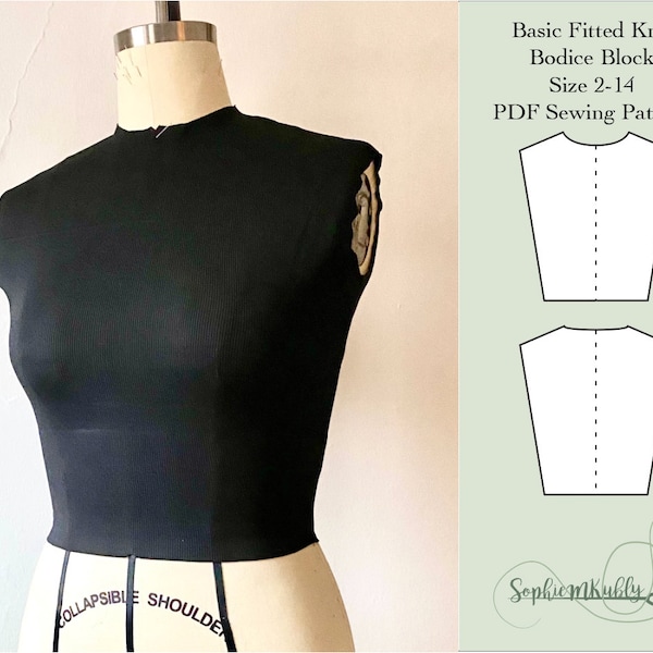 Basic Knit Bodice Pattern \ Women’s Fitted Knit Bodice Digital PDF Sewing Pattern Block / size 2-14