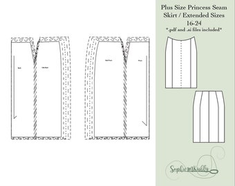 Plus Size Womens Slim Fit One-Dart or Princess Seam Skirt Digital PDF Sewing Pattern Blocks/ Extended sizes: 16-24 / Plus Size Skirt