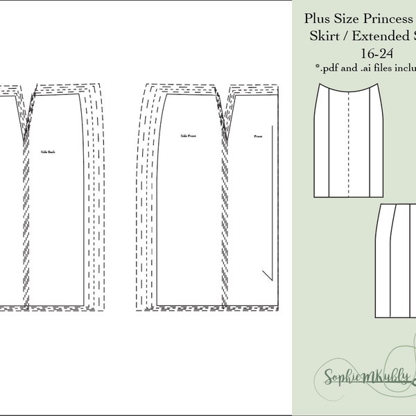 Plus Size Womens Slim Fit One-Dart or Princess Seam Skirt Digital PDF Sewing Pattern Blocks/ Extended sizes: 16-24 / Plus Size Skirt